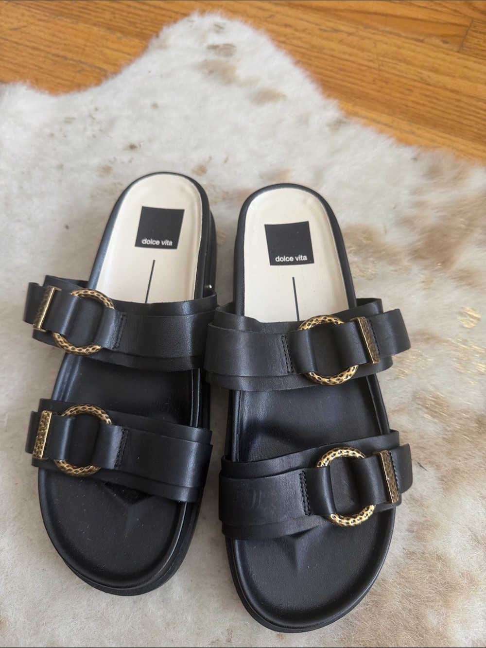 Dolce Vita Black Slide Sandals with Gold Ring Accents